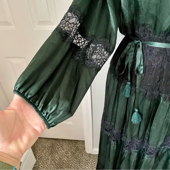 Johnny Was Emerald Green 100% Silk Maxi Dress Black Lace Accents Sz Large Belt - Picture 5 of 15